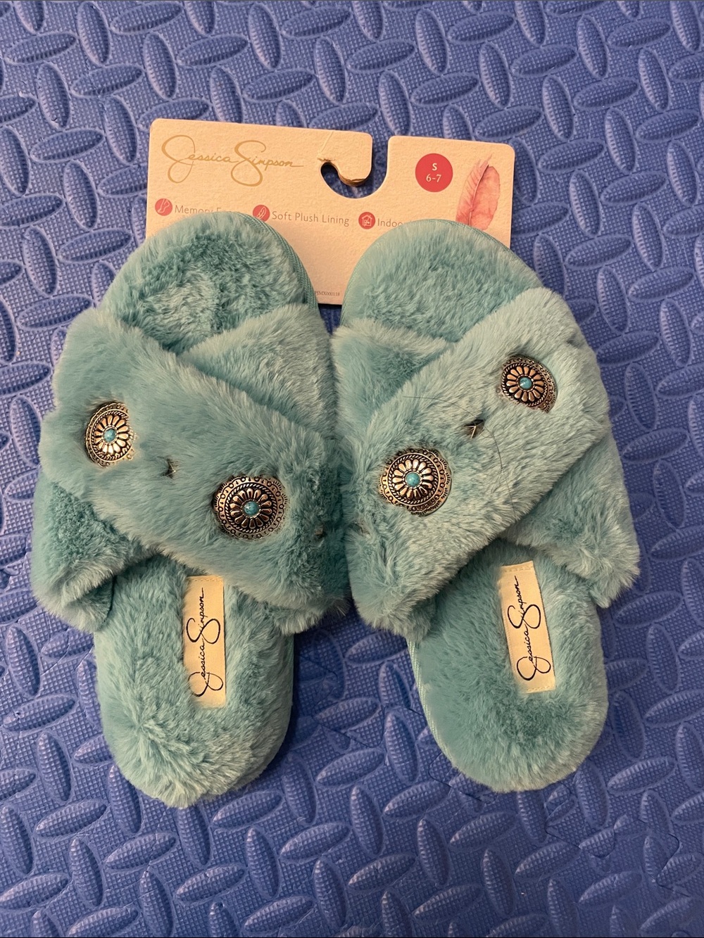 Jessica Simpson Aqua Plush Slide Slippers (memory foam)